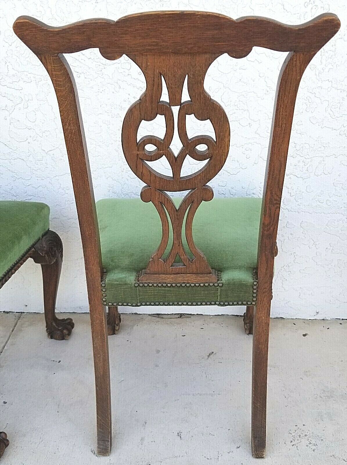 Set of 5 1800's English Oak Hand Carved Ball Claw Chippendale Dining Chairs