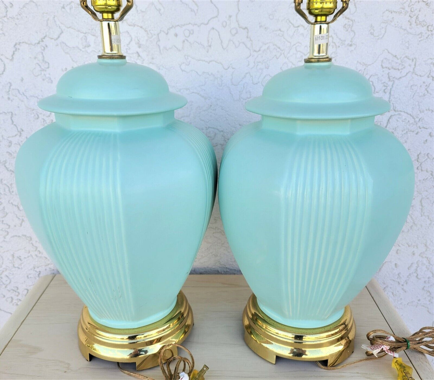 Pair of Asian Chinoiserie Ming Ceramic Ginger Jar & Brass Table Lamps In Aqua