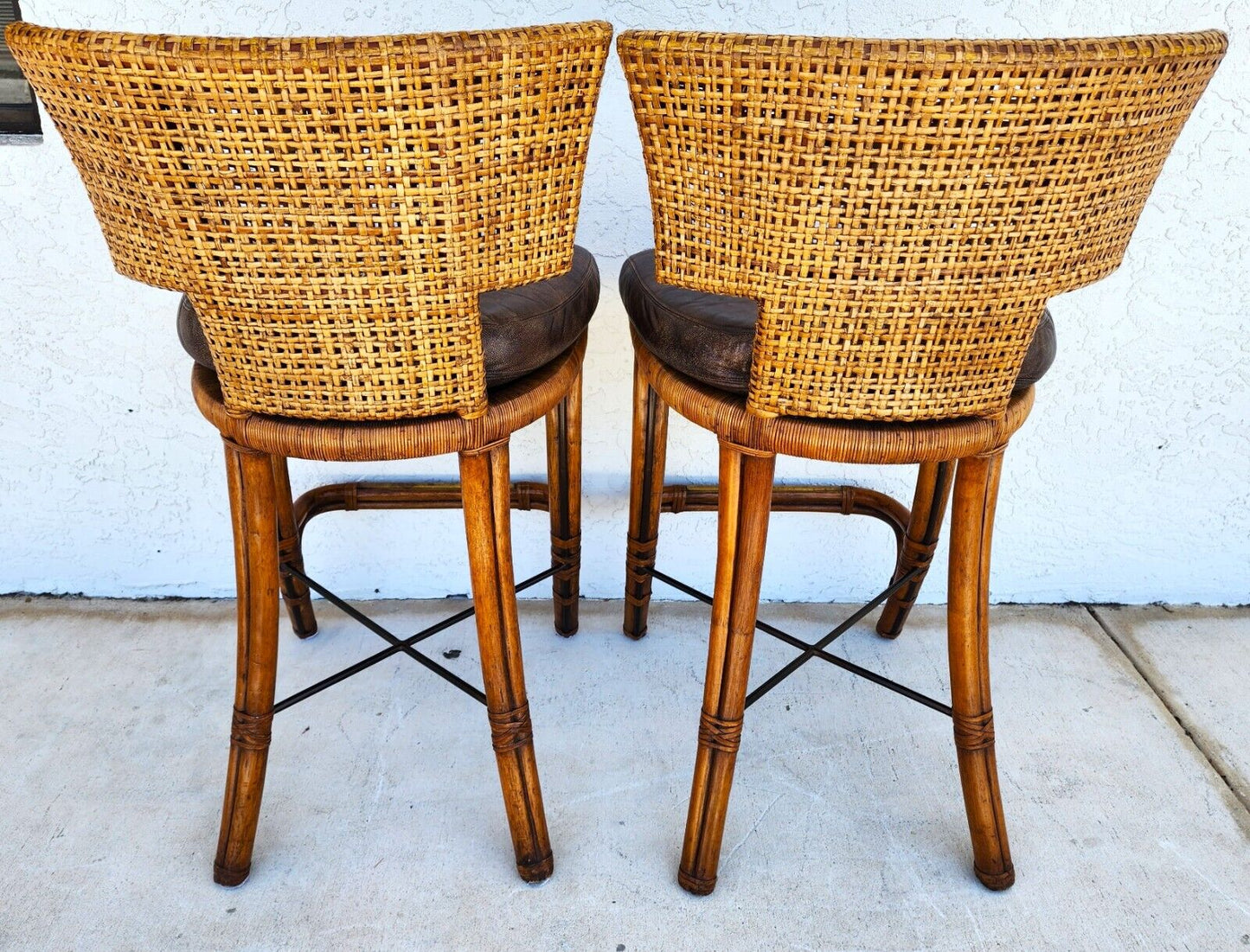 Vintage Bamboo Barstools Caned Backs Leather Rattan