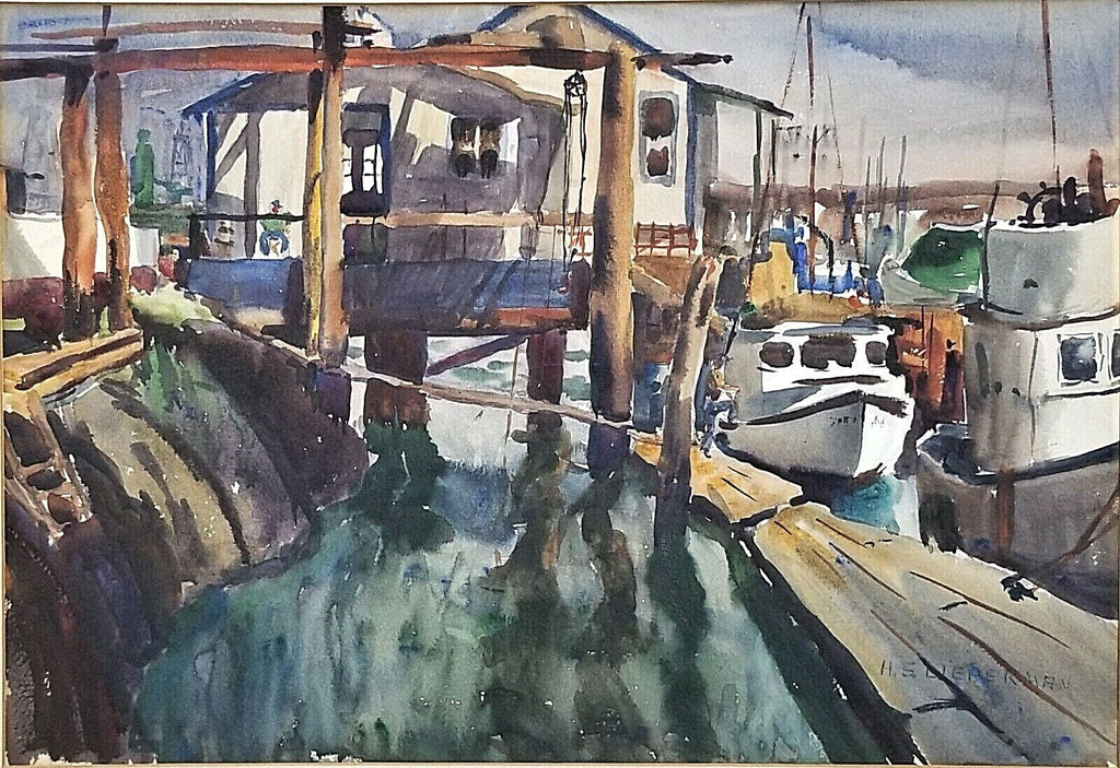 Vintage Signed H.S. LIEBERMAN Boat Dock Wharf Fishing Boats Watercolor Painting