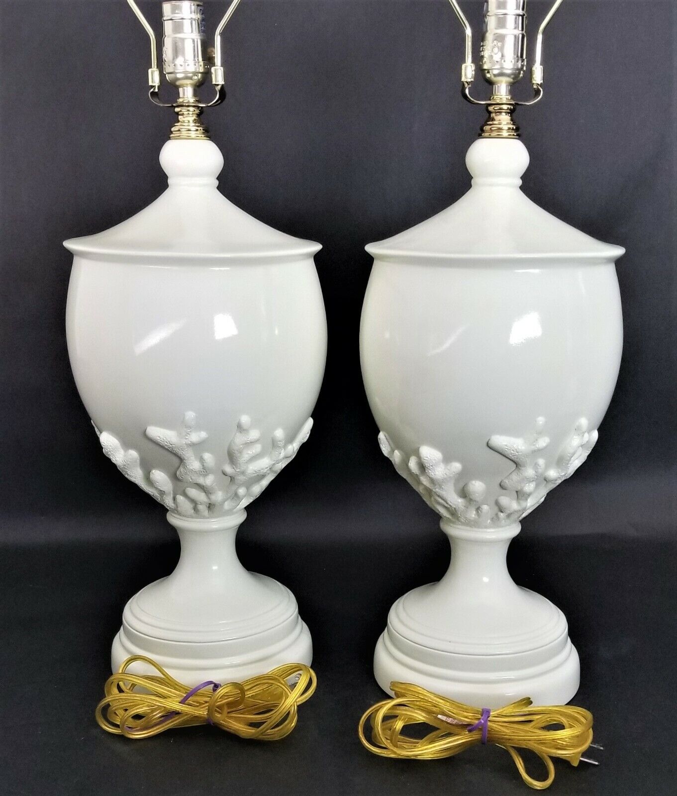 (2) Gorgeous Designer Coastal Table Lamps w/Embossed Coral and Coral Finials