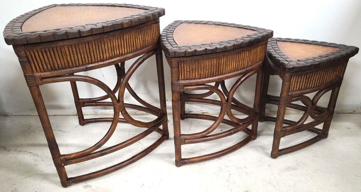 (3) Vintage Bamboo Rattan Coconut Shell Ostrich Nesting Tables