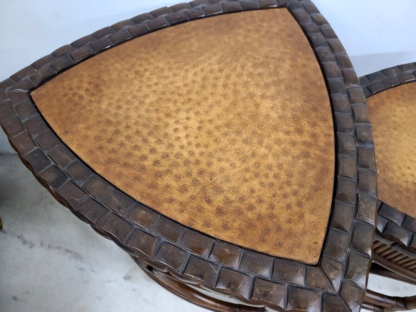 (3) Vintage Bamboo Rattan Coconut Shell Ostrich Nesting Tables