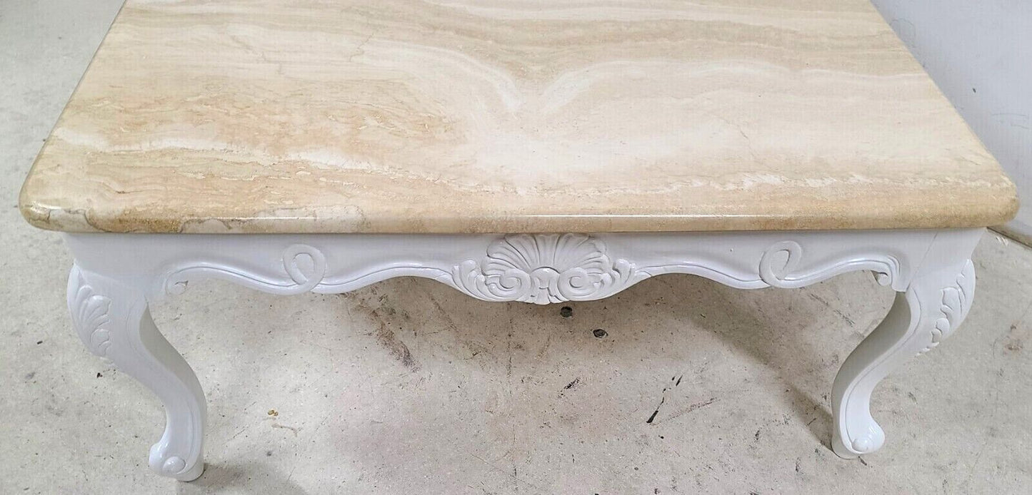 French Provincial Travertine Marble & Wood Cocktail Coffee Table