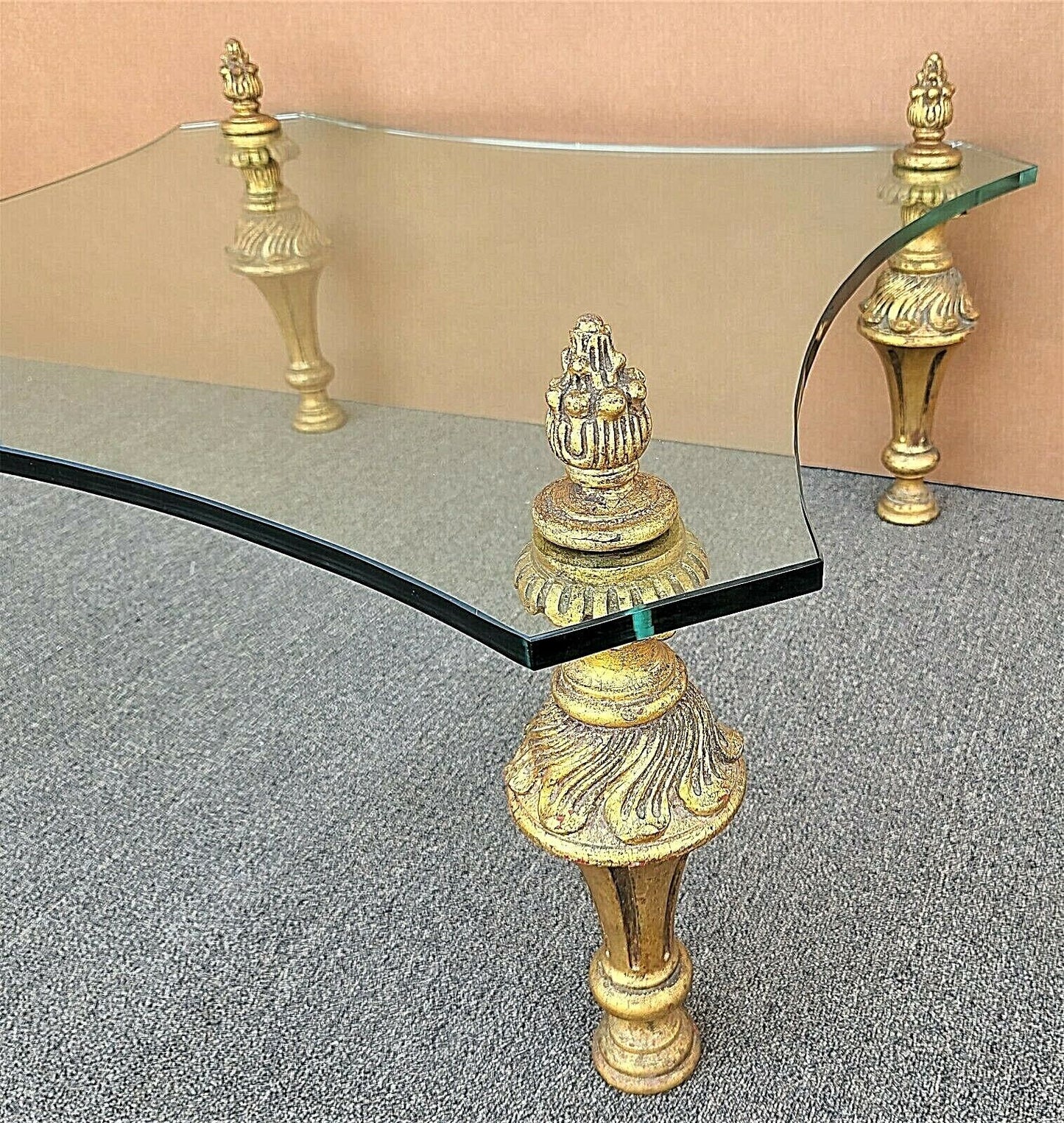 Vintage FRANCISCO HURTADO Hollywood Regency Glass Giltwood Coffee Cocktail Table