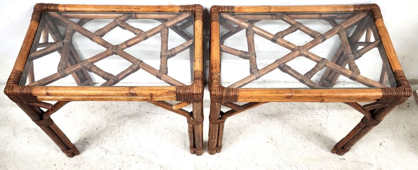 Vintage French Bamboo Rattan Glass Side Tables 1960s - A Pair