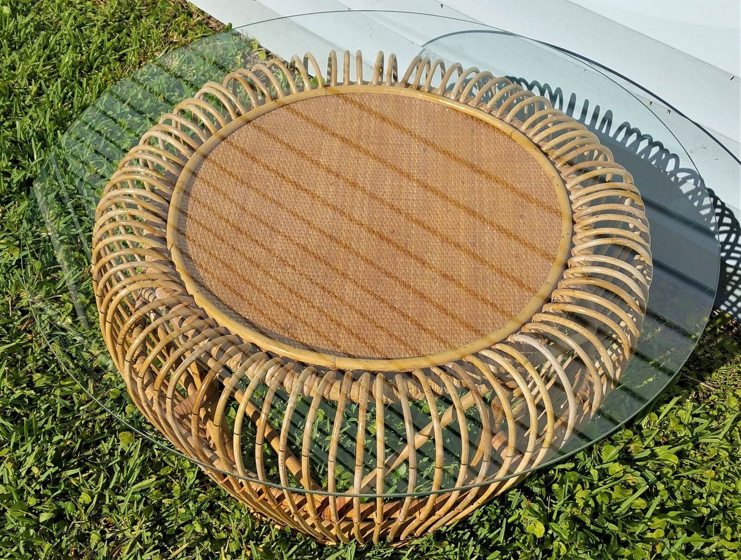 FRANCO ALBINI Style MCM Bamboo Rattan Wicker Bentwood Coffee Table w Glass