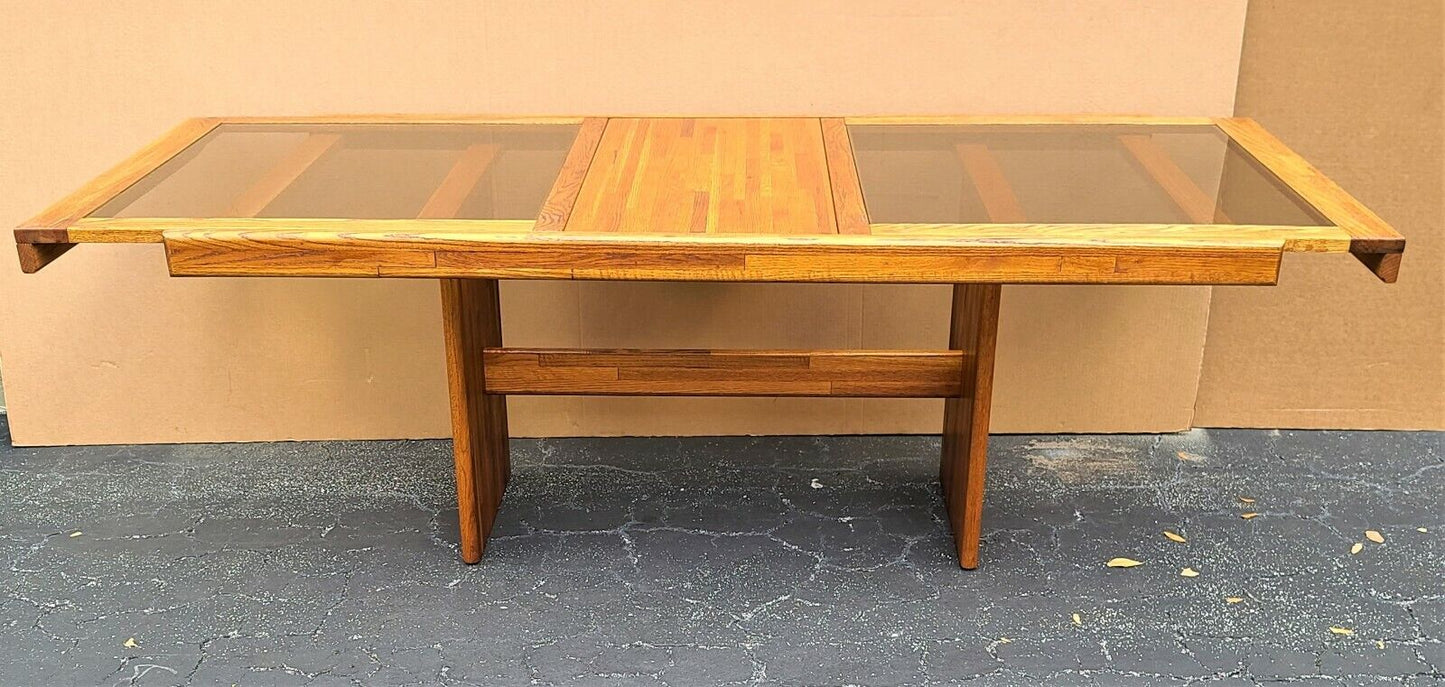 MCM Vintage Solid Teak Smoked Glass Extendable Pop Up Leaf Dining Table