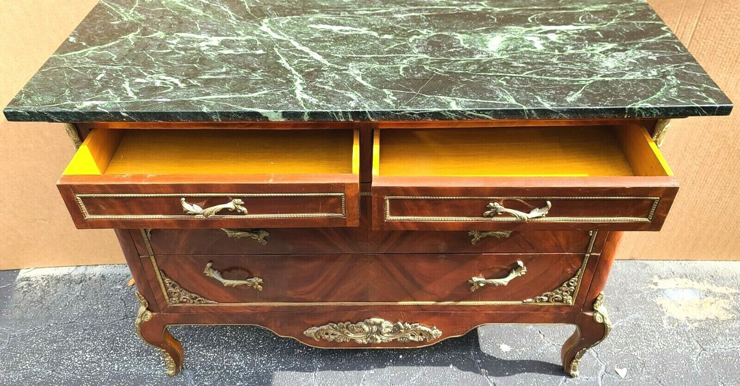 French Louis XV Marble Top Chest Dresser TV Stand with Gilt Ormolu Mounts