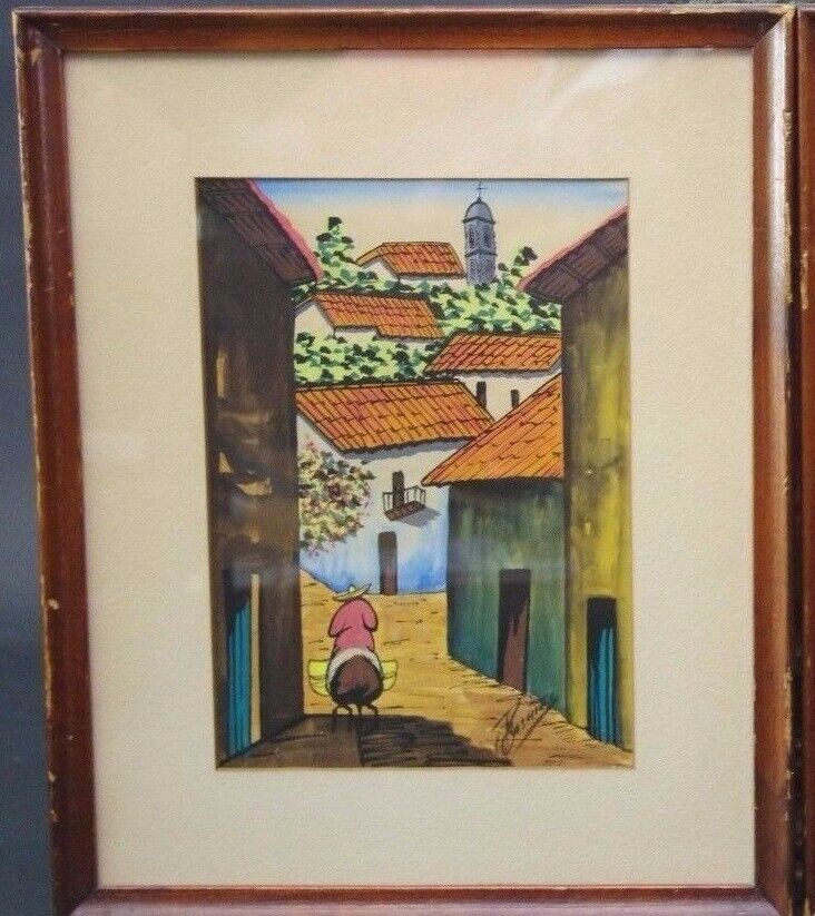 Vtg Mid Century Gouache Watercolor Signed By G Rosales (Mexican) Village 2 Avail