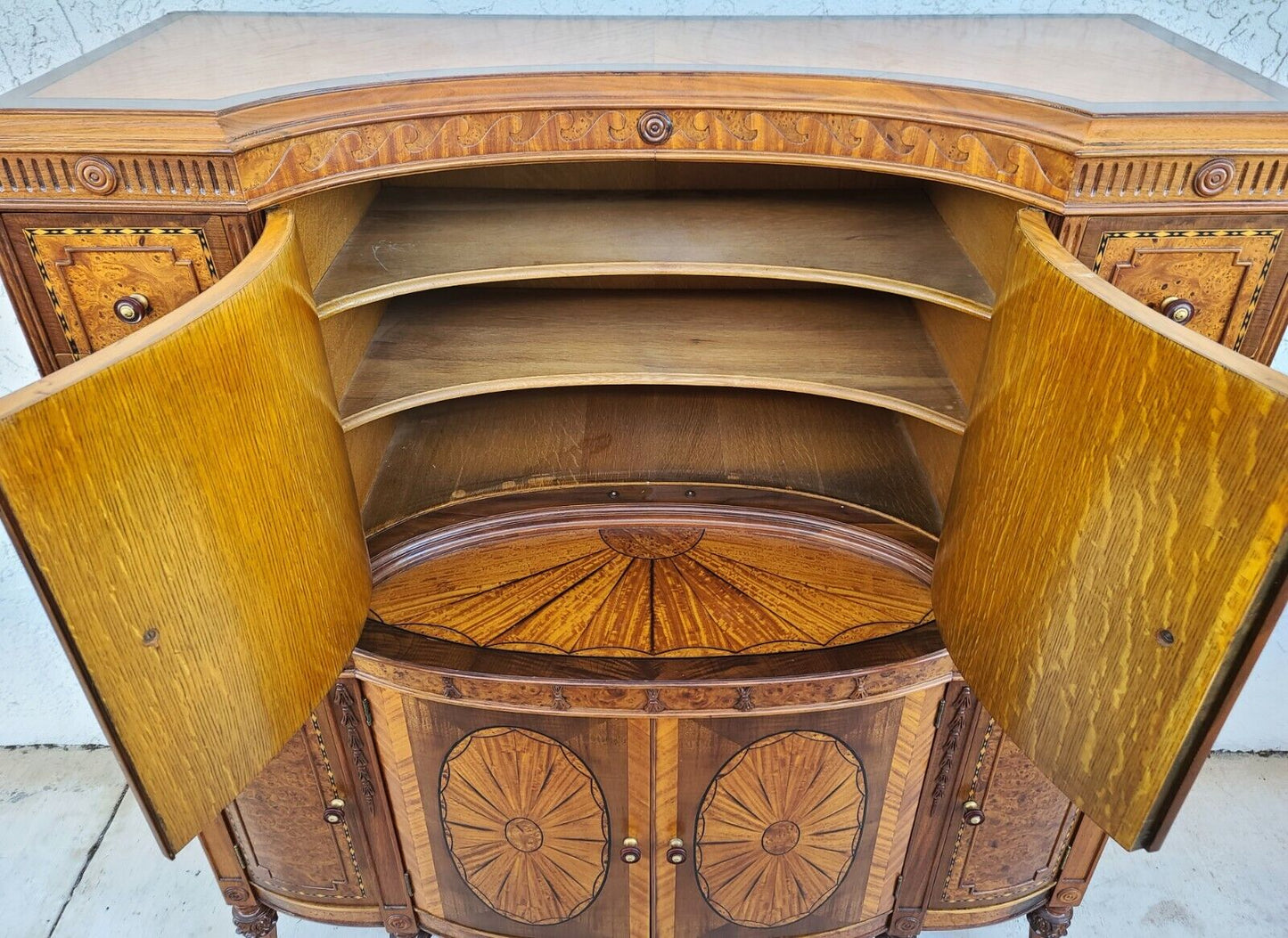 Antique c 1900 Art Nouveau Amboyna Burl Hand Carved Walnut Dresser