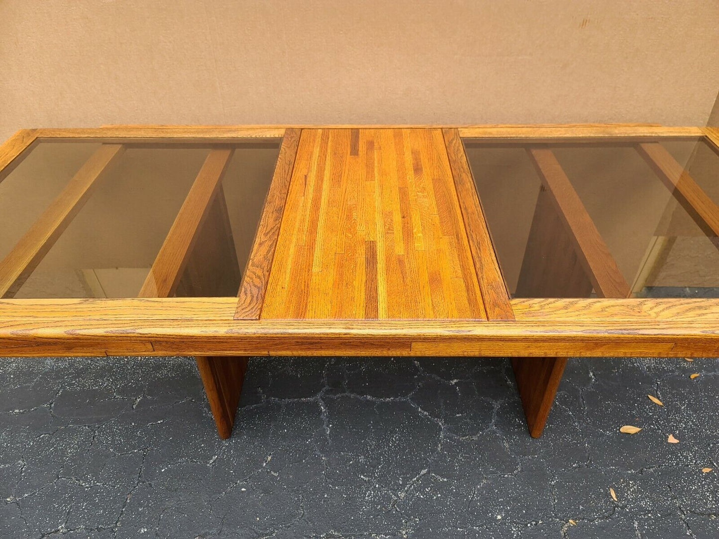 MCM Vintage Solid Teak Smoked Glass Extendable Pop Up Leaf Dining Table