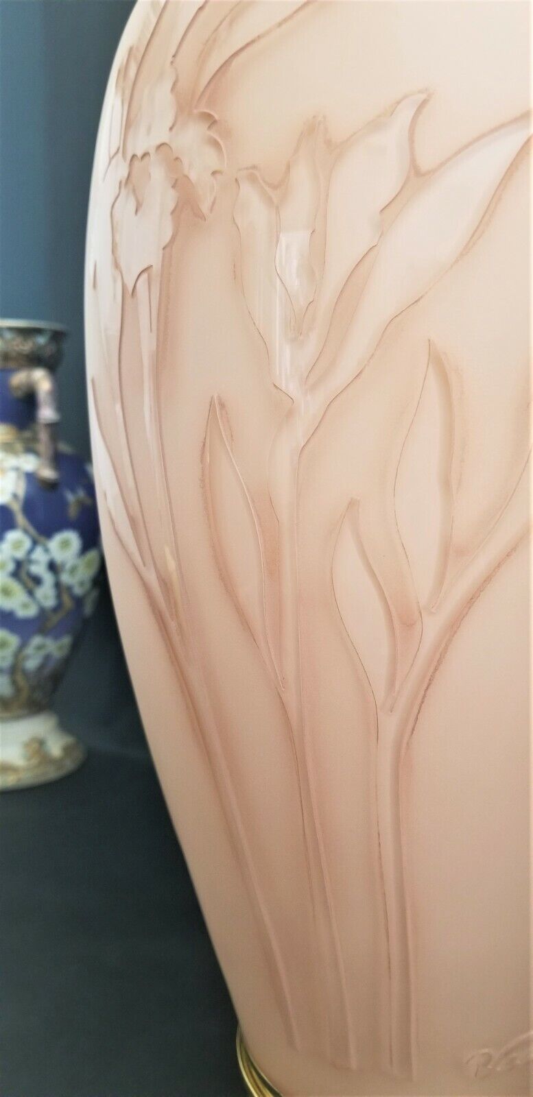 Signed VIANNE GLASS France Art Deco Floral Relief Table Lamps - A Pair