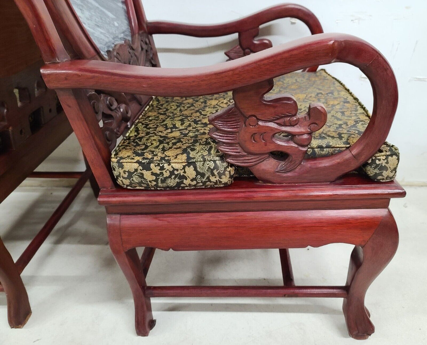 Mid Century Chinese Asian Rosewood & Marble Armchairs - A Pair