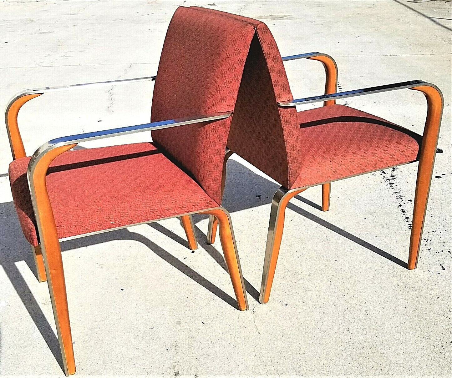 Set of 2 MCM Solid Chrome & Wood Dining Armchairs Accent Chairs