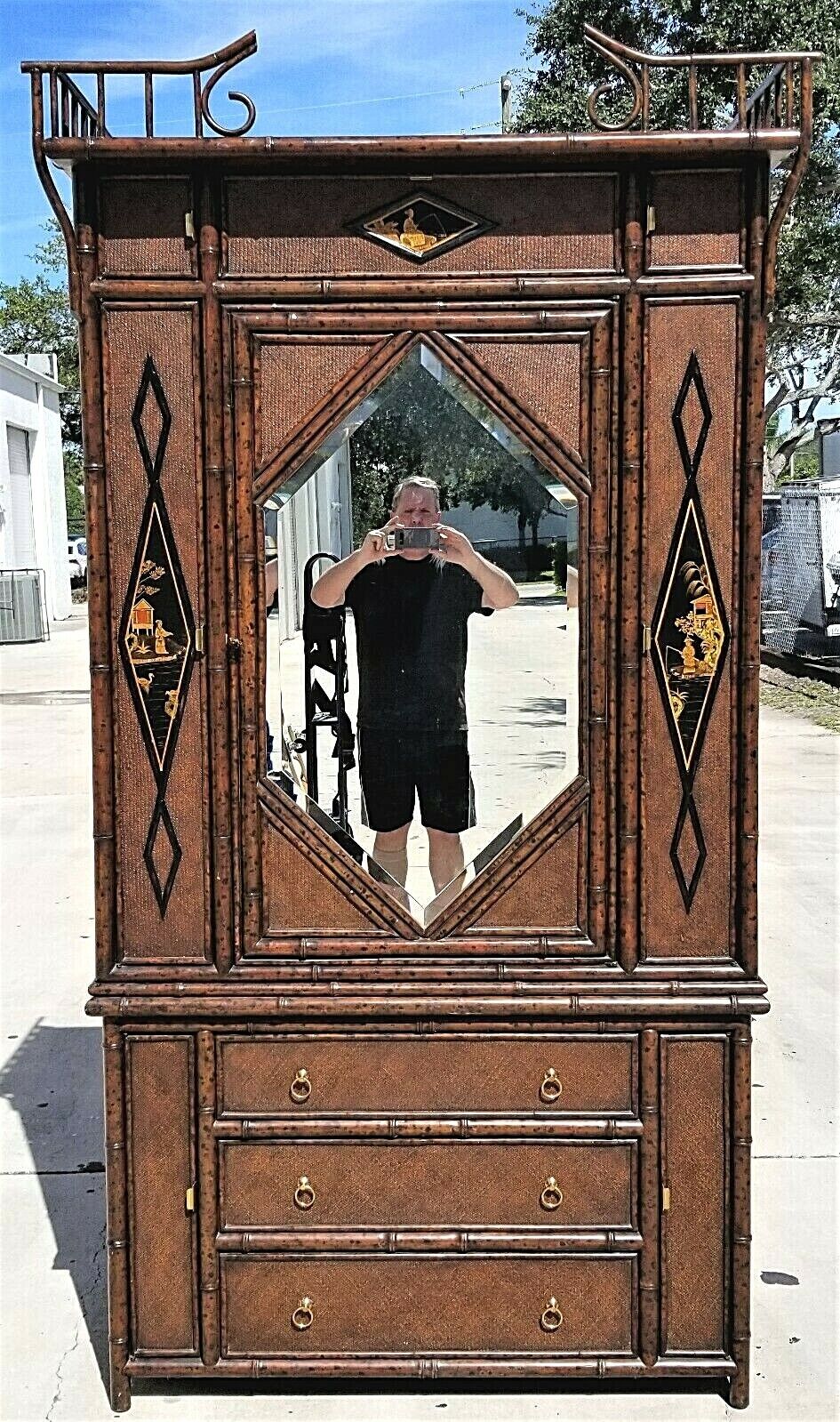 MAITLAND SMITH Asian Chinoiserie Chippendale Wardrobe Armoire Bamboo Wicker