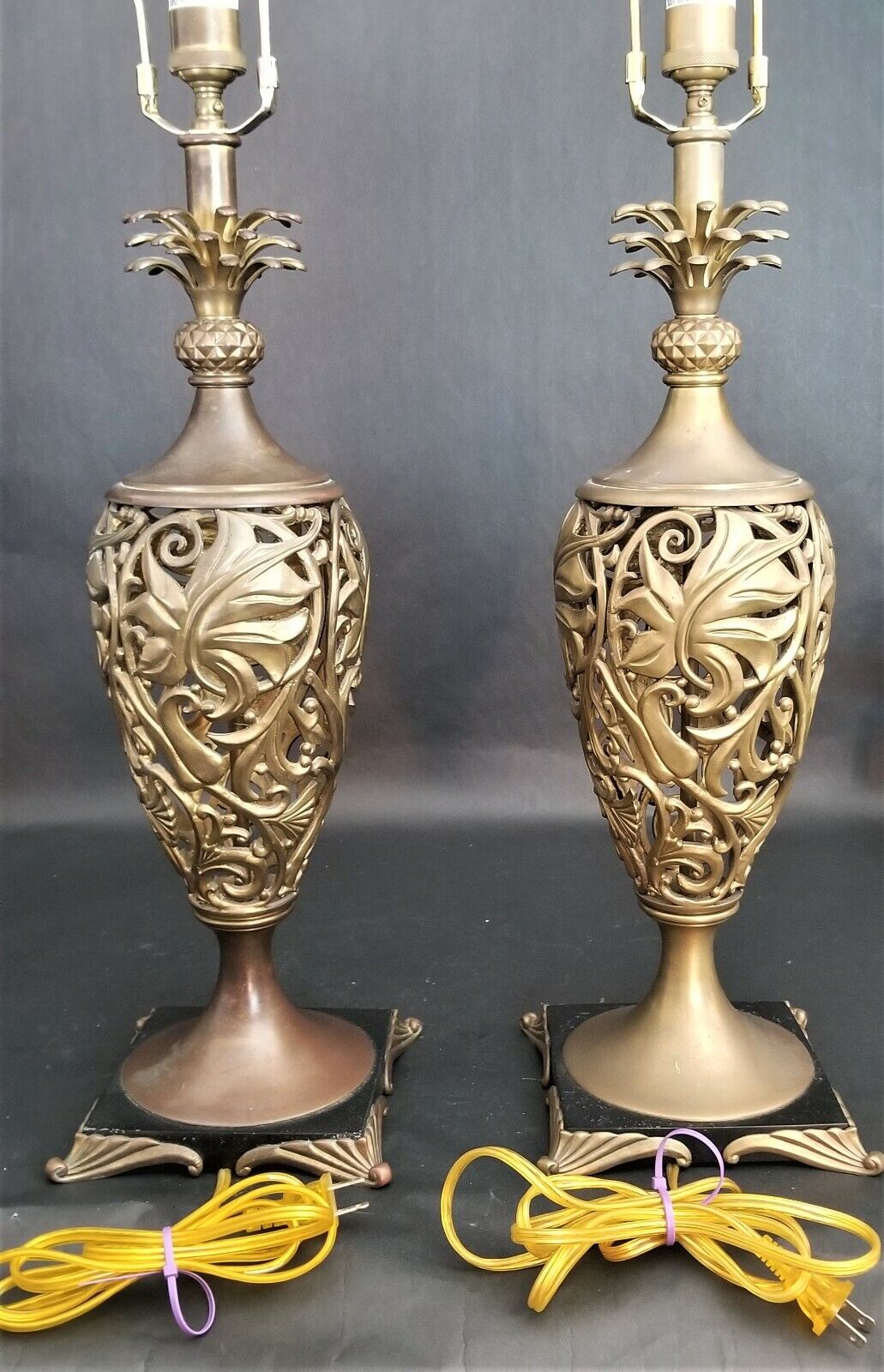 2 High-End Reticulated Pineapple Solid Brass Open Weave Scroll Body Table Lamps