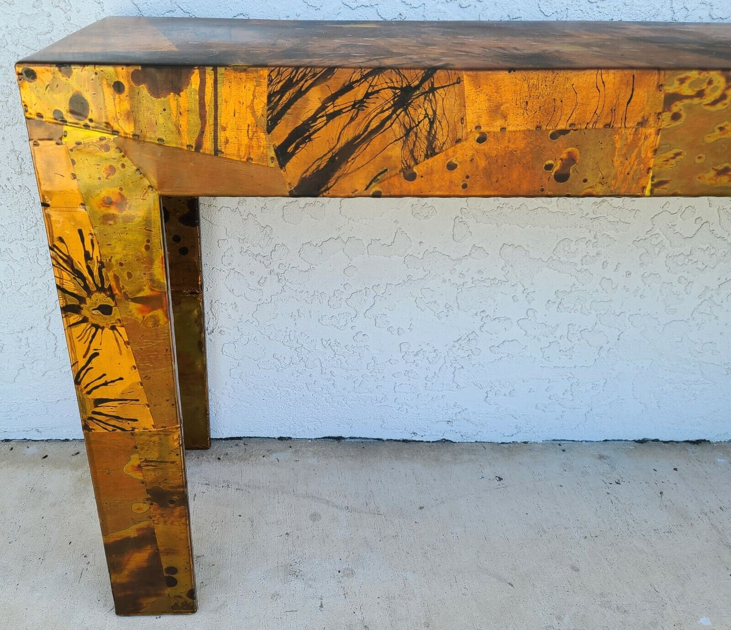 1970s Brutalist Copper Patchwork Console Table - Style of Paul Evans