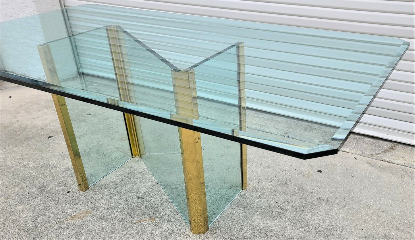 1970's Leon Rosen for PACE COLLECTION Glass & Brass Dining Table 72" x 40"