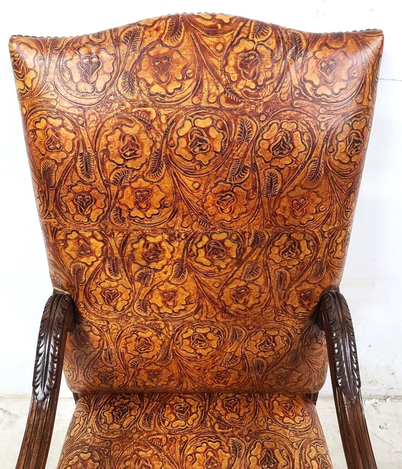 Antique French Hand Colored Tooled Leather Throne Armchair