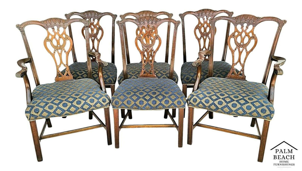 Vintage Chippendale Mahogany Dining Chairs w Carved Tassels & Drapery - Set of 6