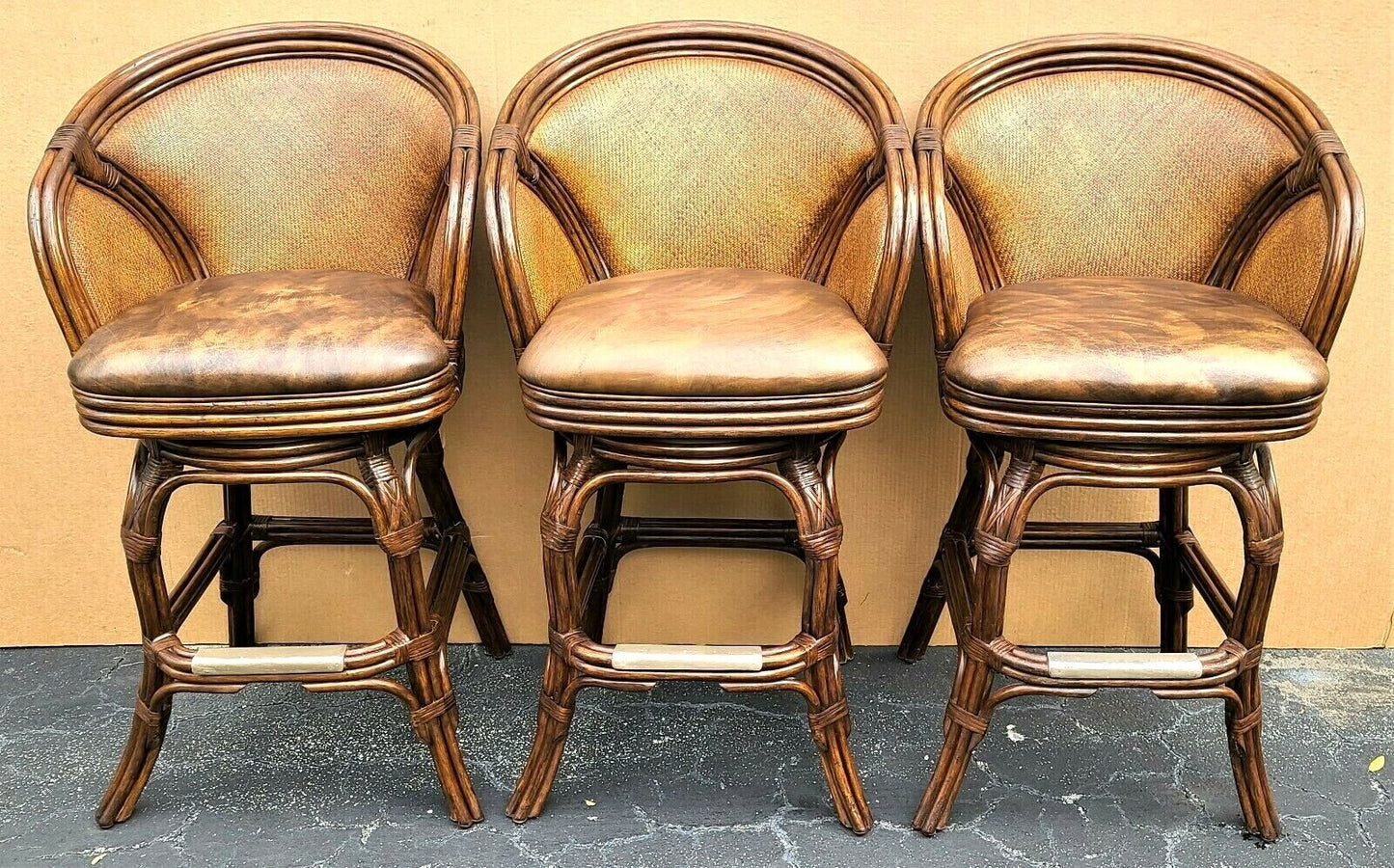 HOOKER Bamboo Rattan Leather Swivel Barstools - Set of 2