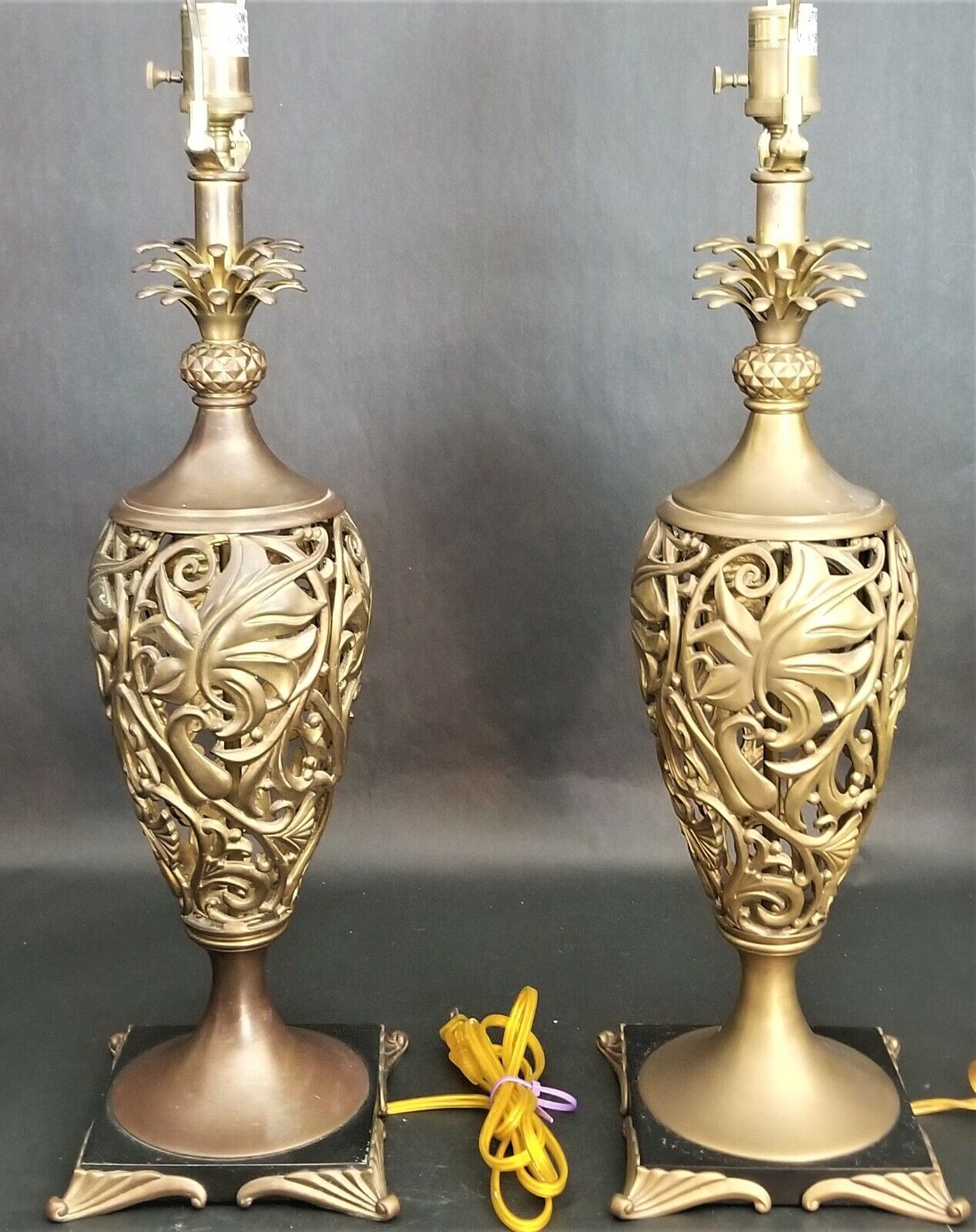 2 High-End Reticulated Pineapple Solid Brass Open Weave Scroll Body Table Lamps