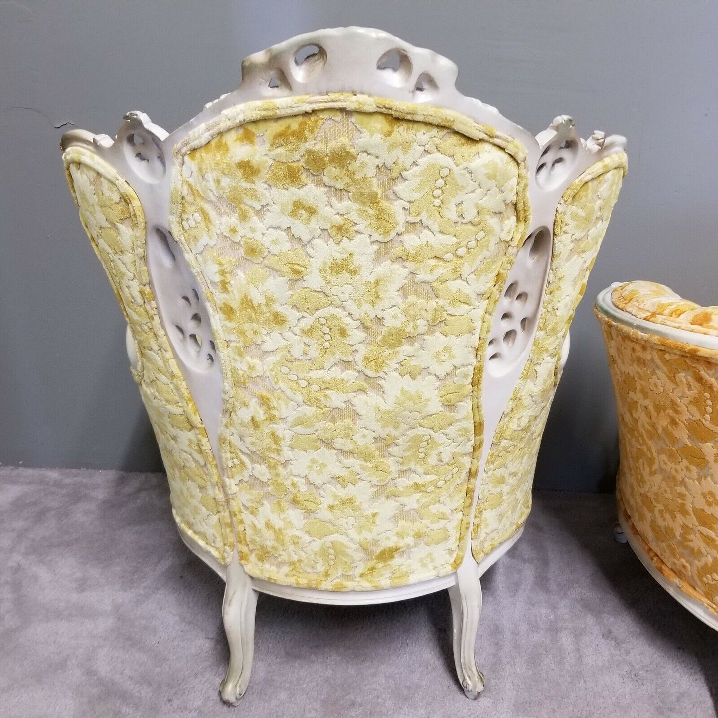 EUC! Antique French Louis XV Rococo Hand Carved Burnout Velvet Wing Back Chair