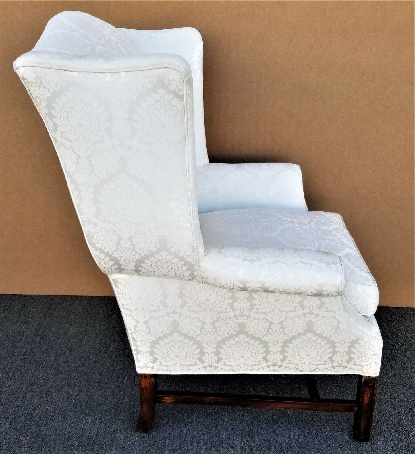 Vintage Chippendale Wingback White Brocade Satin Cotton and Down Armchair