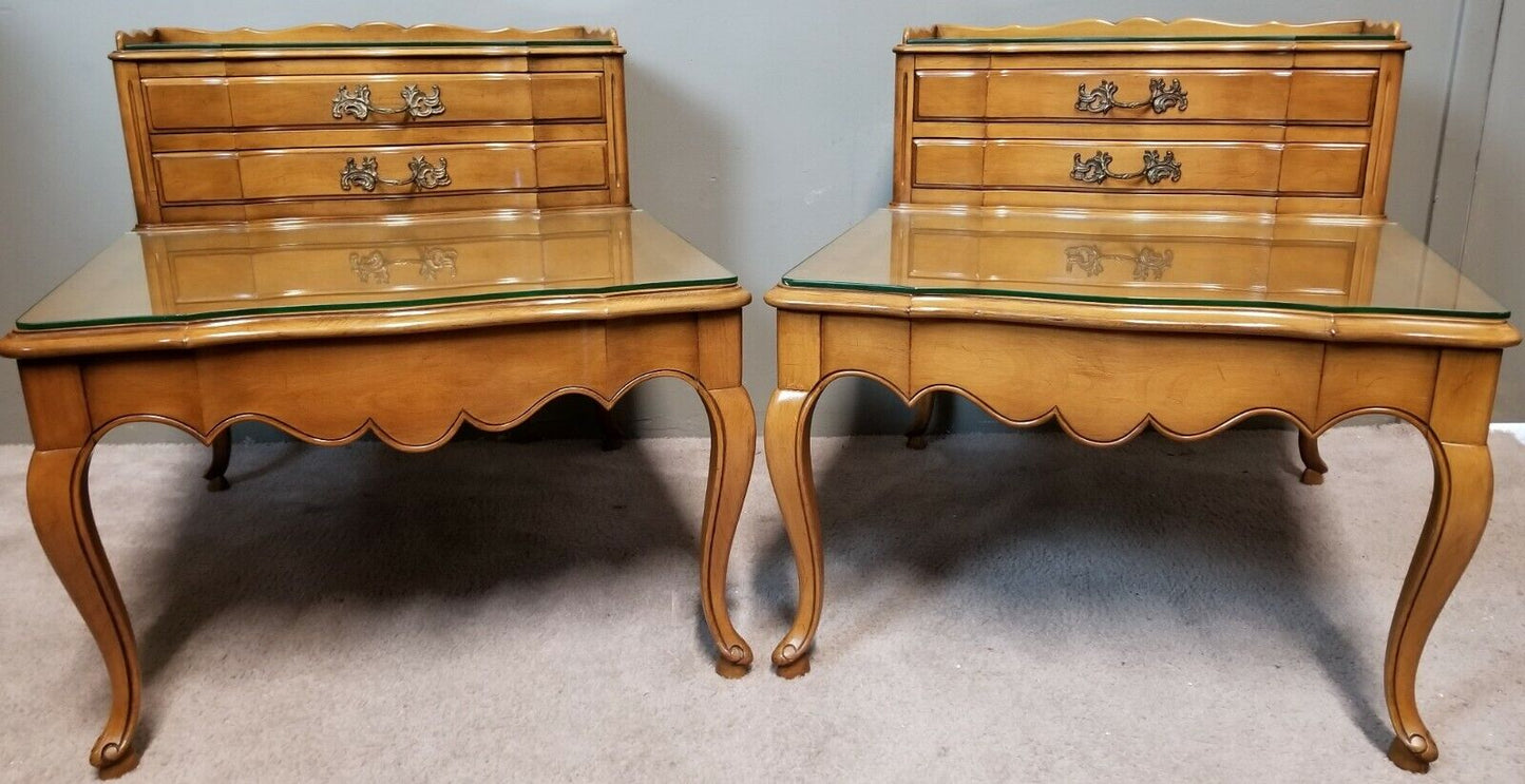 2 Vintage WHITE FURNITURE Co French Provincial Cherry End Tables Nightstands w Glass