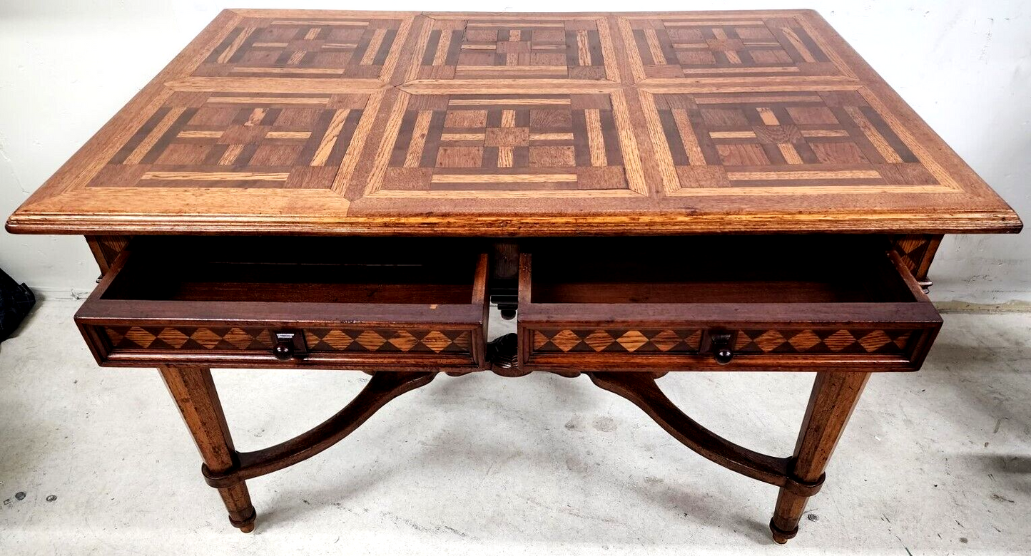 Antique Library Dining Table English 4 Drawer w Glass Top