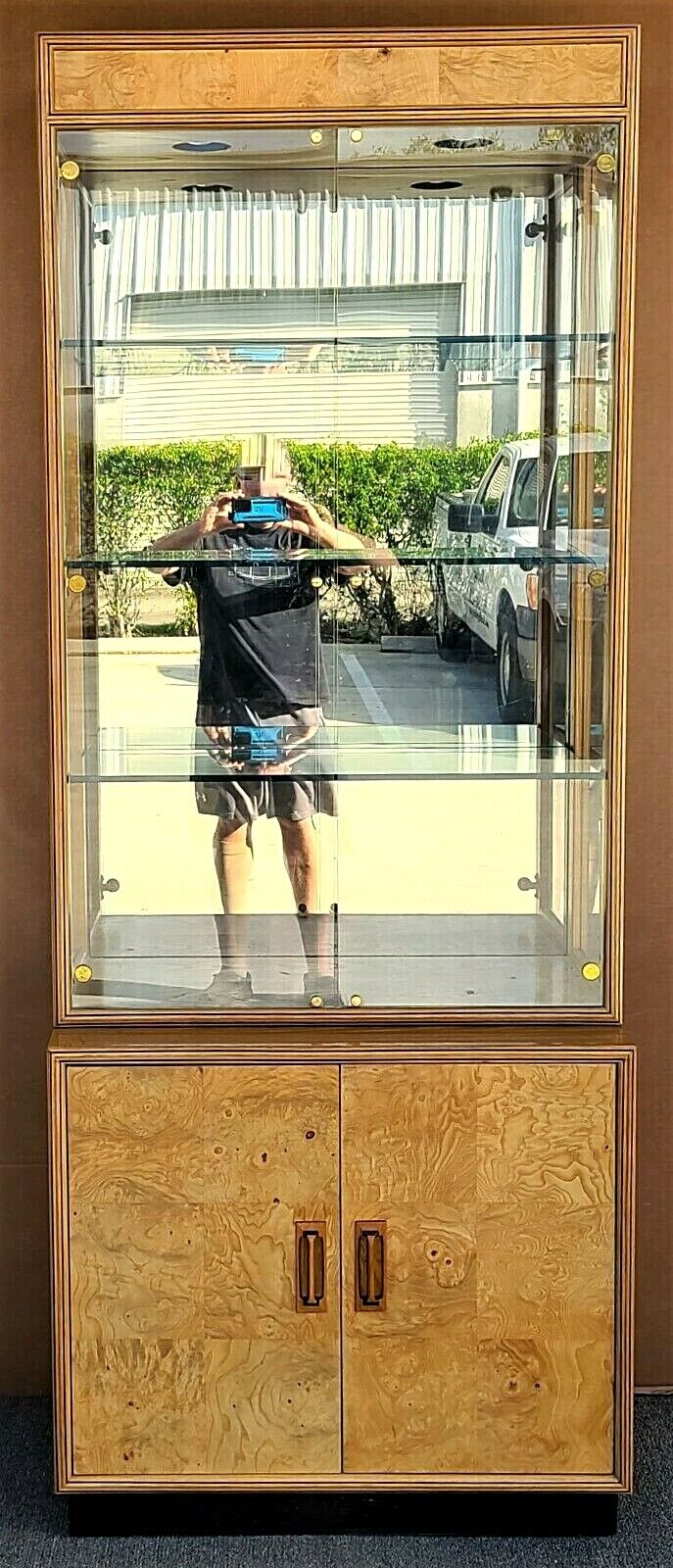 70's Milo Baughman Style HENREDON Scene Two Olive Burl Display Cabinet Case 2 Pc