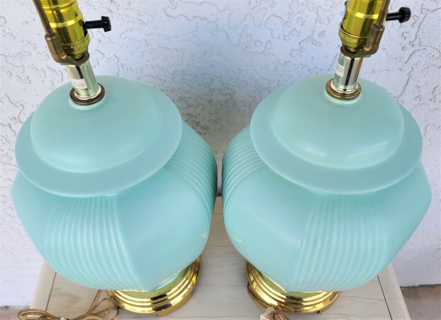 Pair of Asian Chinoiserie Ming Ceramic Ginger Jar & Brass Table Lamps In Aqua