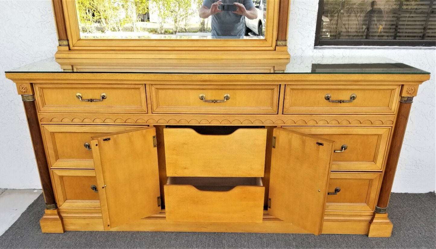 STANLEY FURNITURE Art Deco Dresser with Matching Mirror and Custom Glass Top