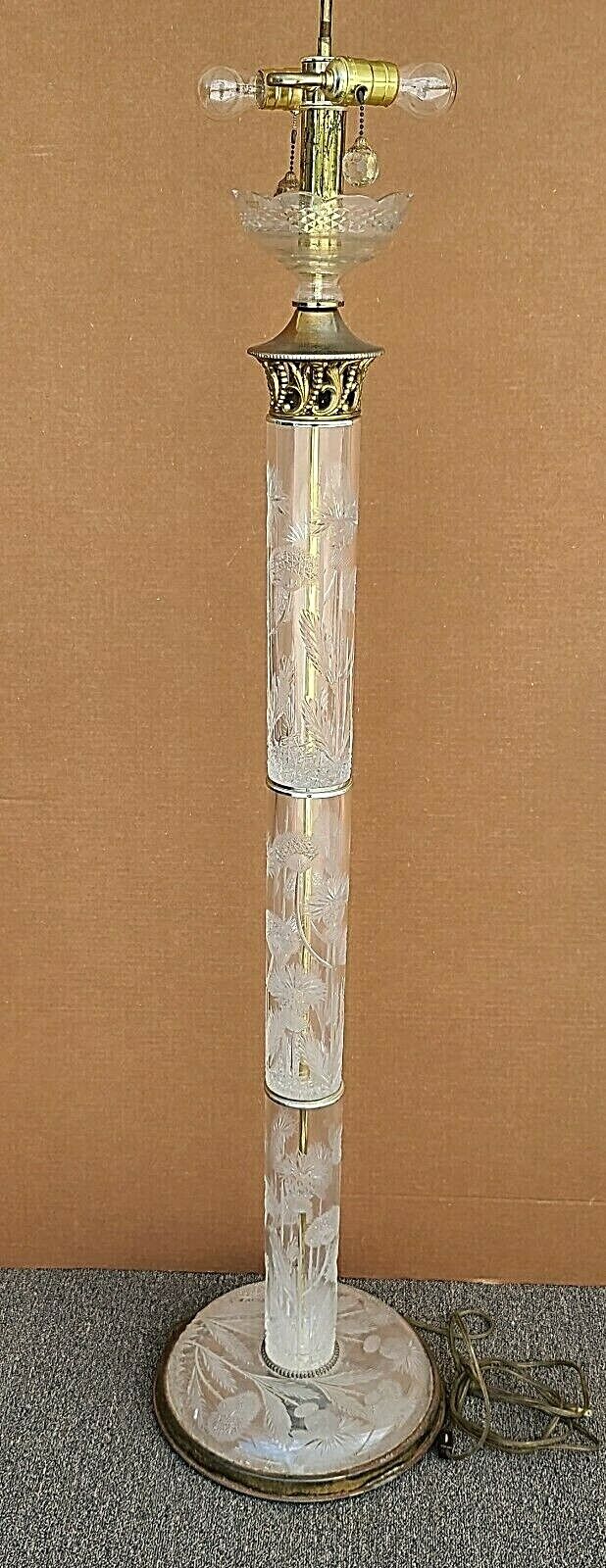 Vintage Signed Cut Thistle Pattern Lead Crystal Dual Light Floor Lamp 67"