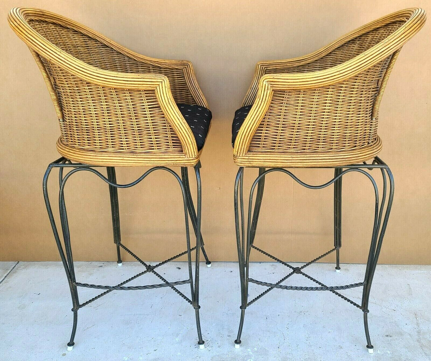 BRAXTON CULLER Wicker & Wrought Iron Swivel Barstools - A Pair