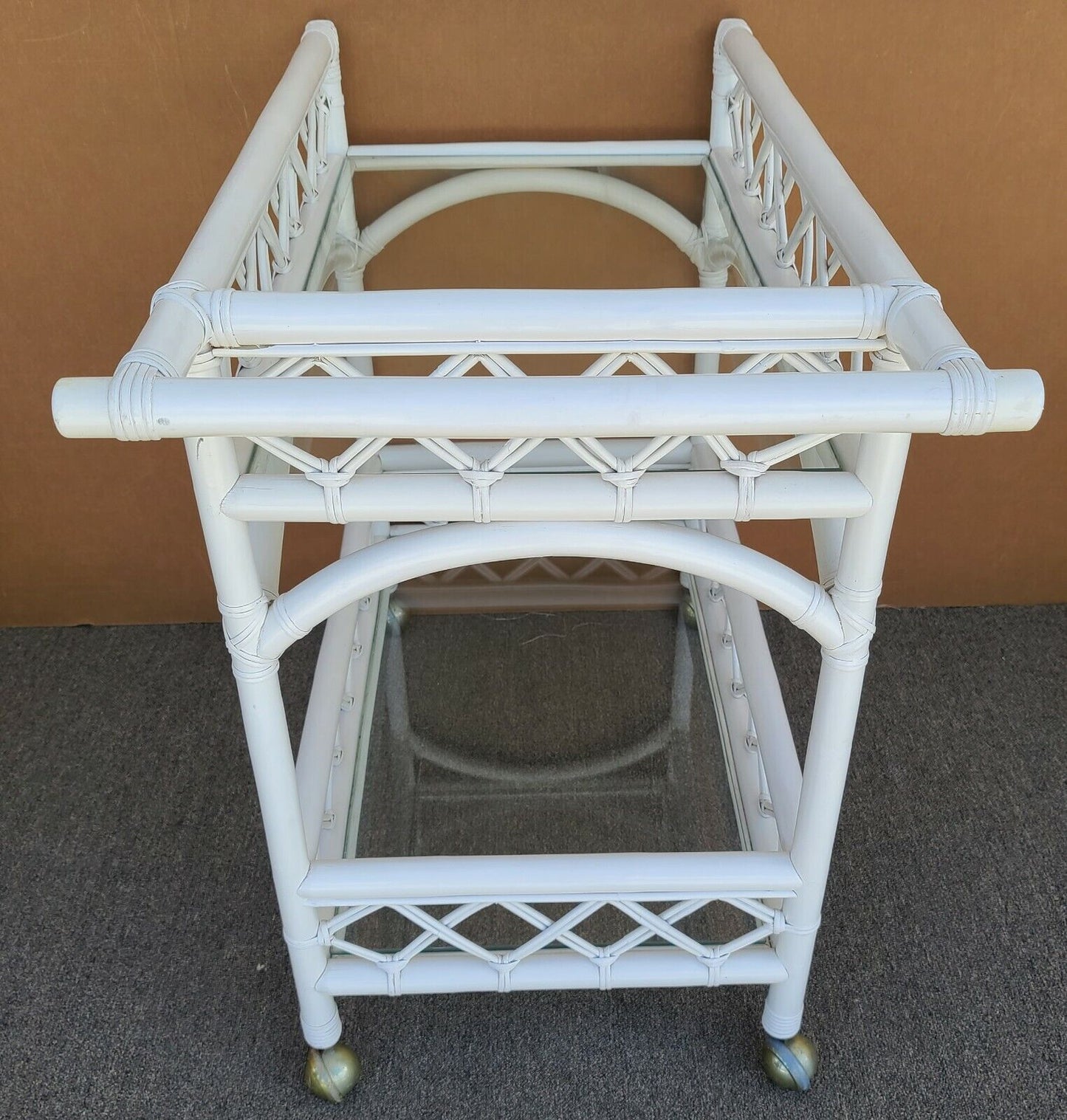 Vintage Palm Beach Coastal Bamboo & Glass 2 Tier Dry Bar Serving Cart Trolley