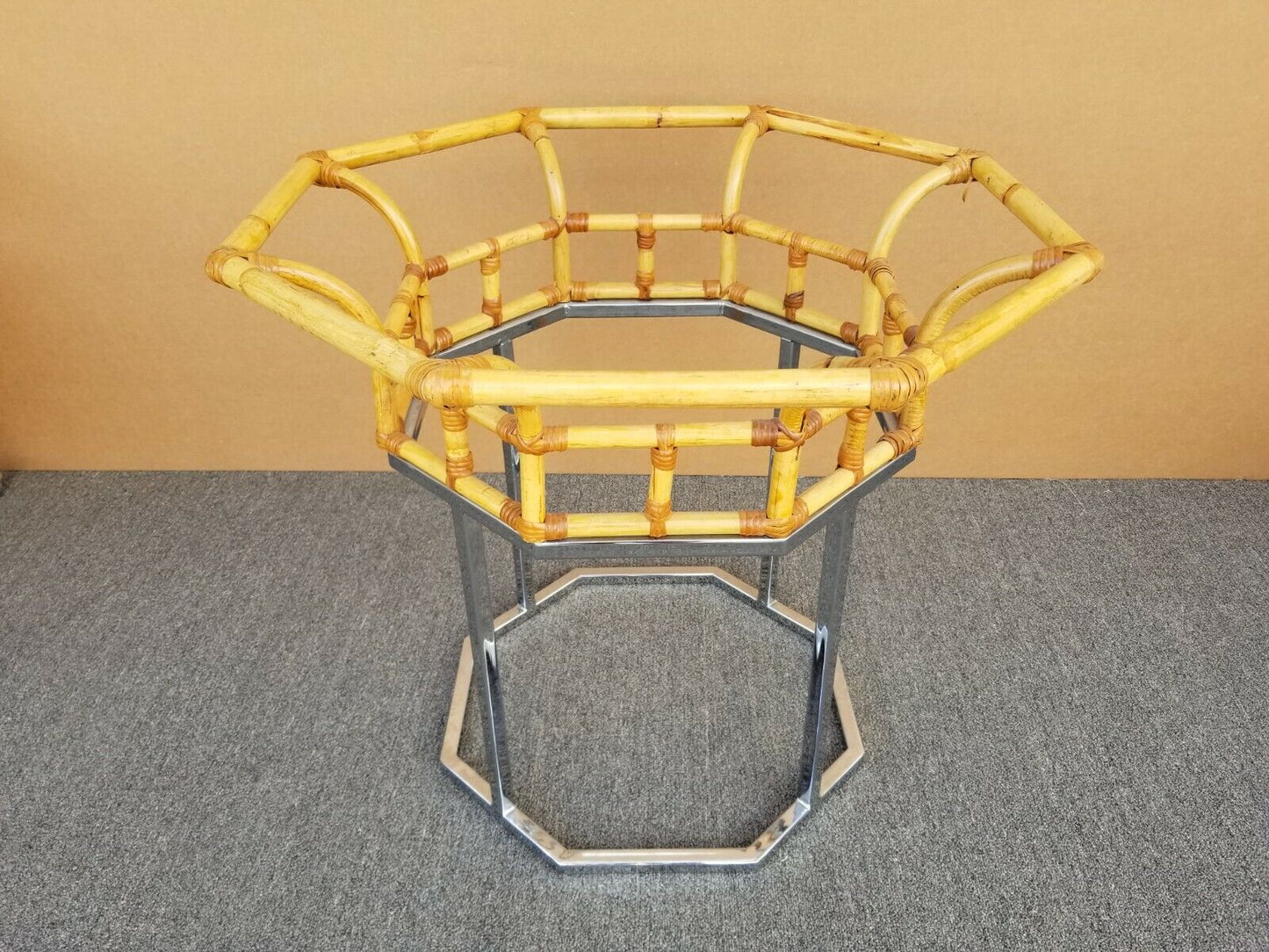 Vintage MCM Milo Baughman Style Chrome Bamboo Rattan Glass Dining Gaming Table