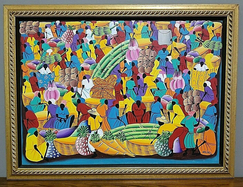 Signed CARLINE Original Haitian Haiti Oil Painting On Canvas of Market