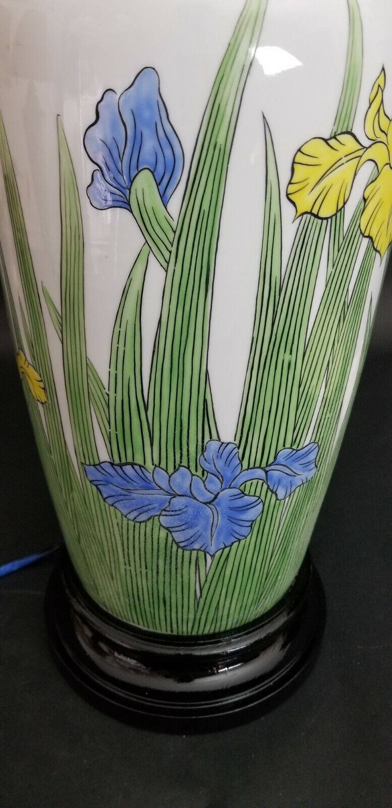 Vintage Large 43" MARBRO White Ceramic Lamp with Yellow and Blue Iris' Wood Base