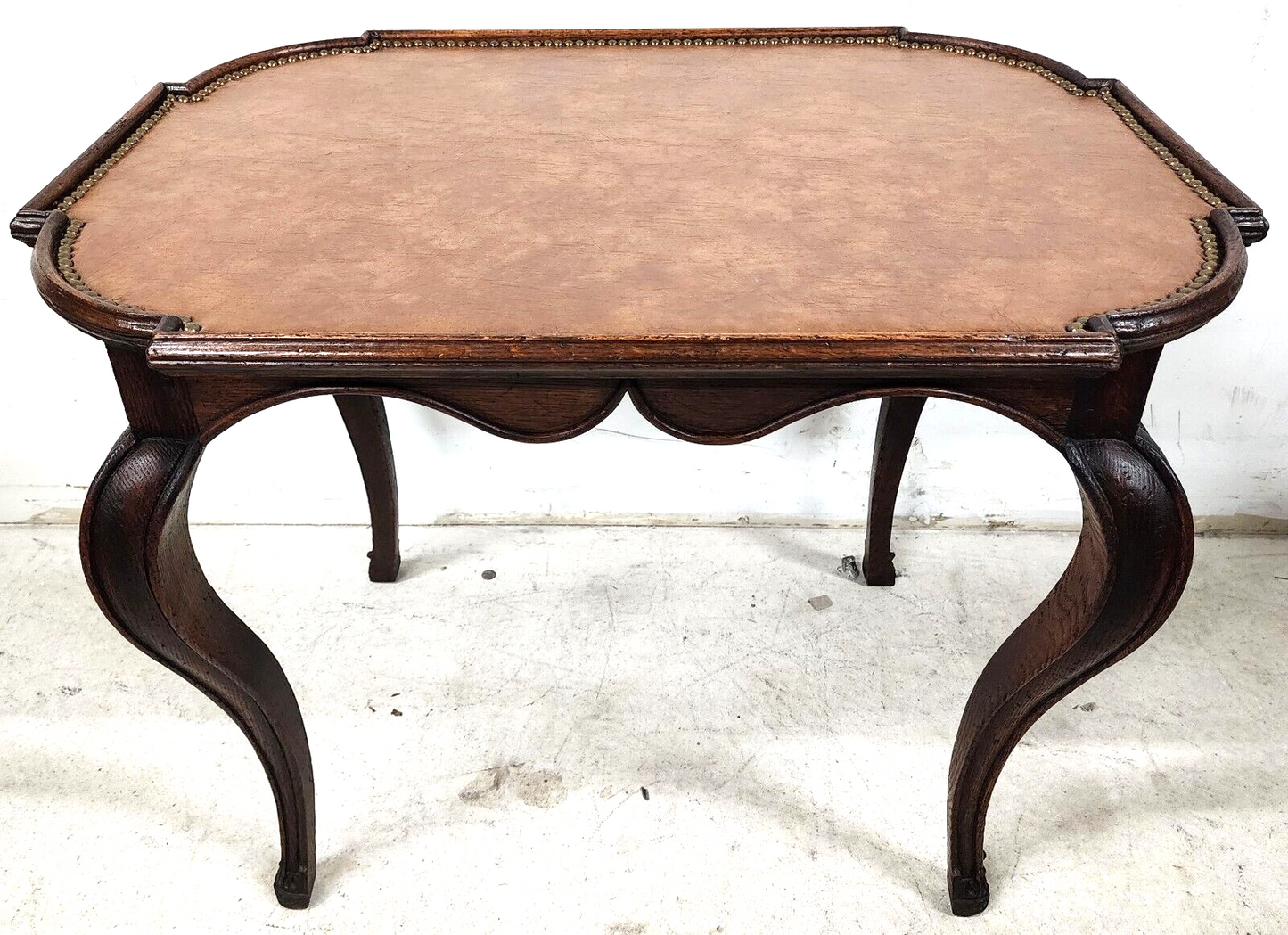 Country French Side Table Leather Top Oak Antique