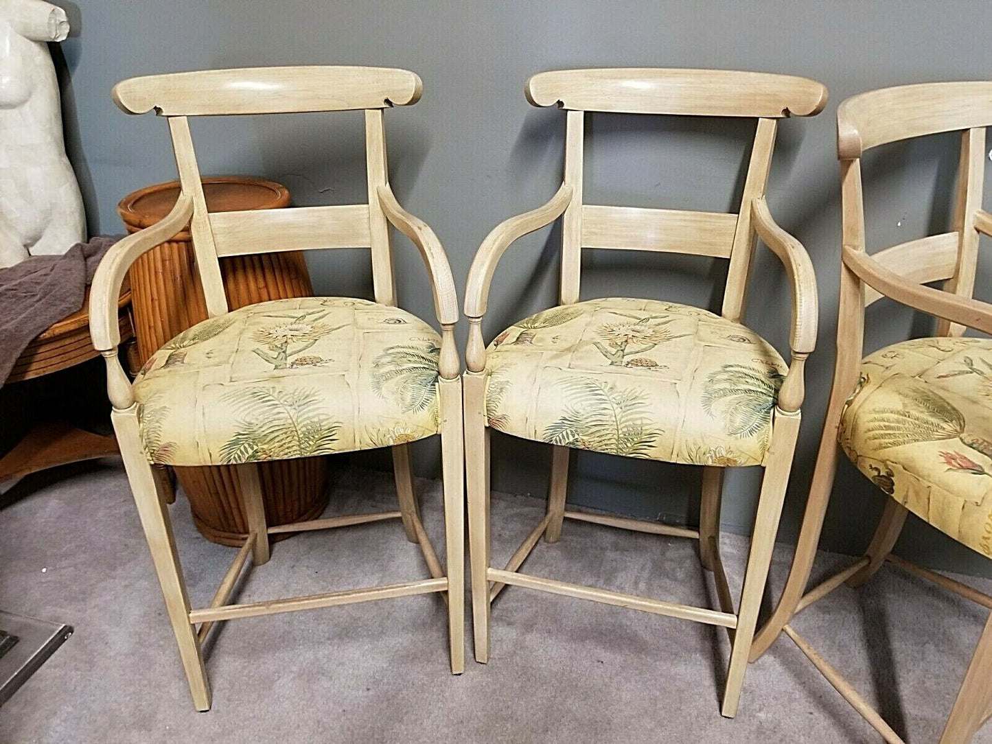 Set of 4 Tall WILLIAM SWITZER Country French Lacquered Light Wood Bar Stools