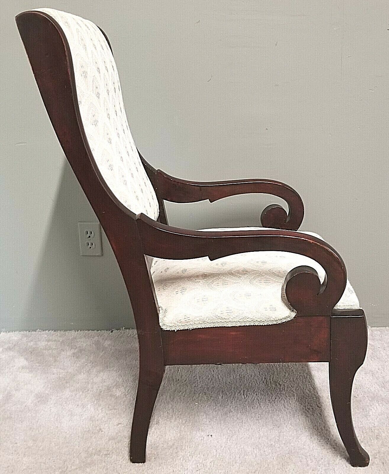 Antique Flamed Mahogany Federal Empire Style Accent Arm Chair Scrolled Arms