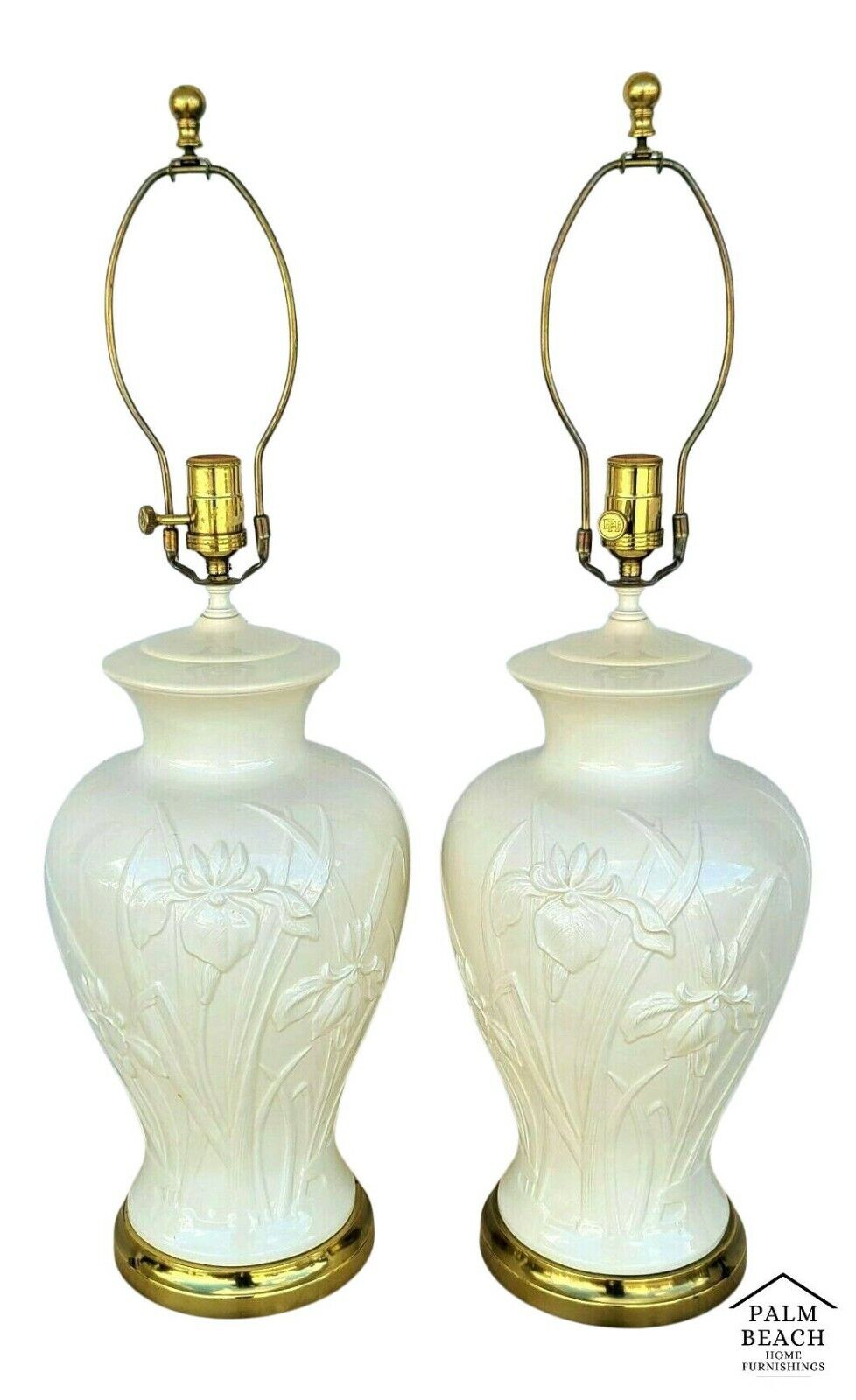 Vtg Pair of PAUL HANSON Ceramic Lamps with Embossed Iris Flowers in Cream/Ivory