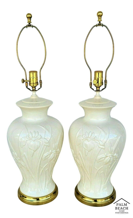 Vtg Pair of PAUL HANSON Ceramic Lamps with Embossed Iris Flowers in Cream/Ivory