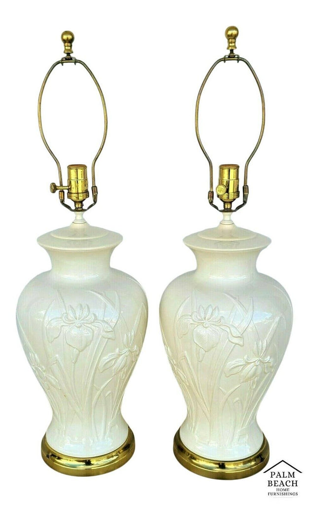 Vtg Pair of PAUL HANSON Ceramic Lamps with Embossed Iris Flowers in Cream/Ivory