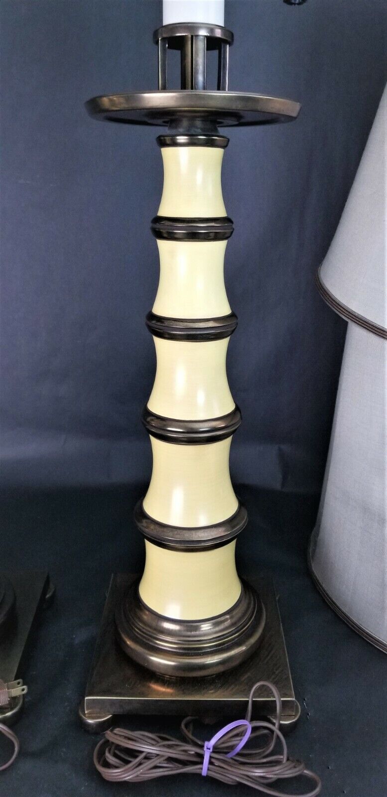 2 Vintage STIFFEL Enamel and Brass Candlestick Lamps with Dupioni Silk Shades