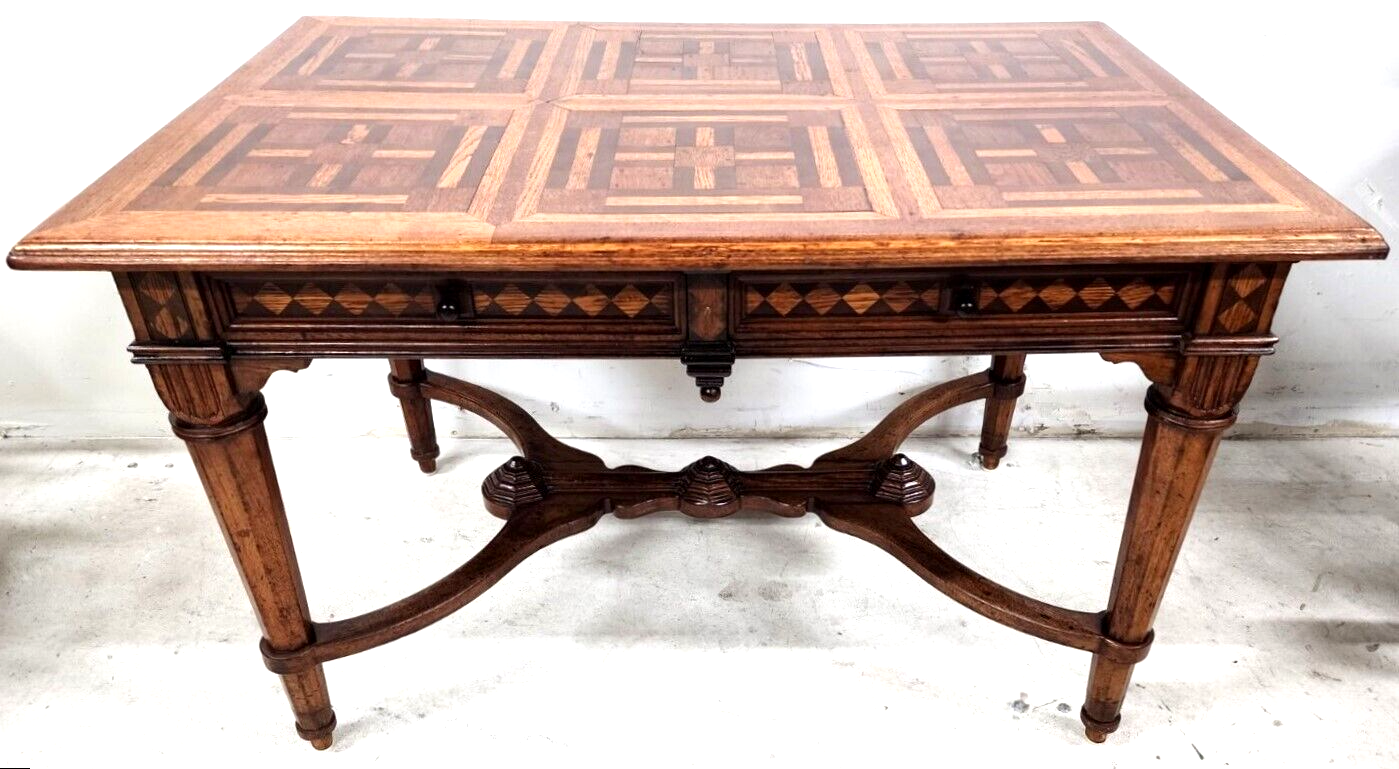 Antique Library Dining Table English 4 Drawer w Glass Top