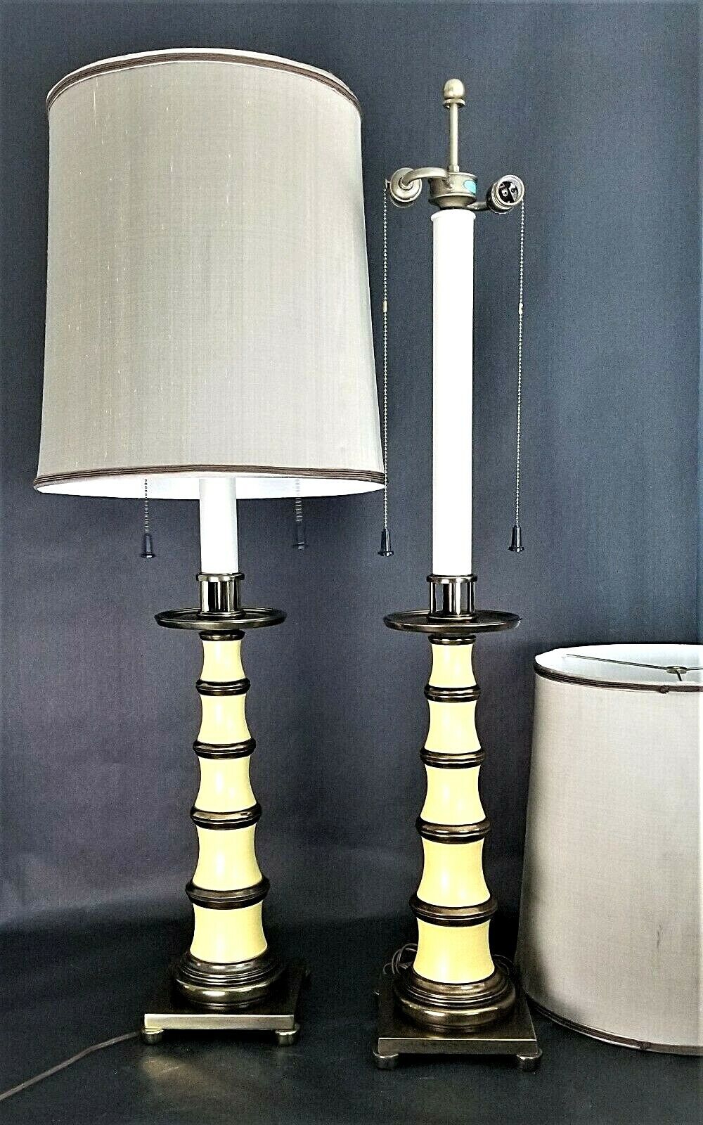 2 Vintage STIFFEL Enamel and Brass Candlestick Lamps with Dupioni Silk Shades