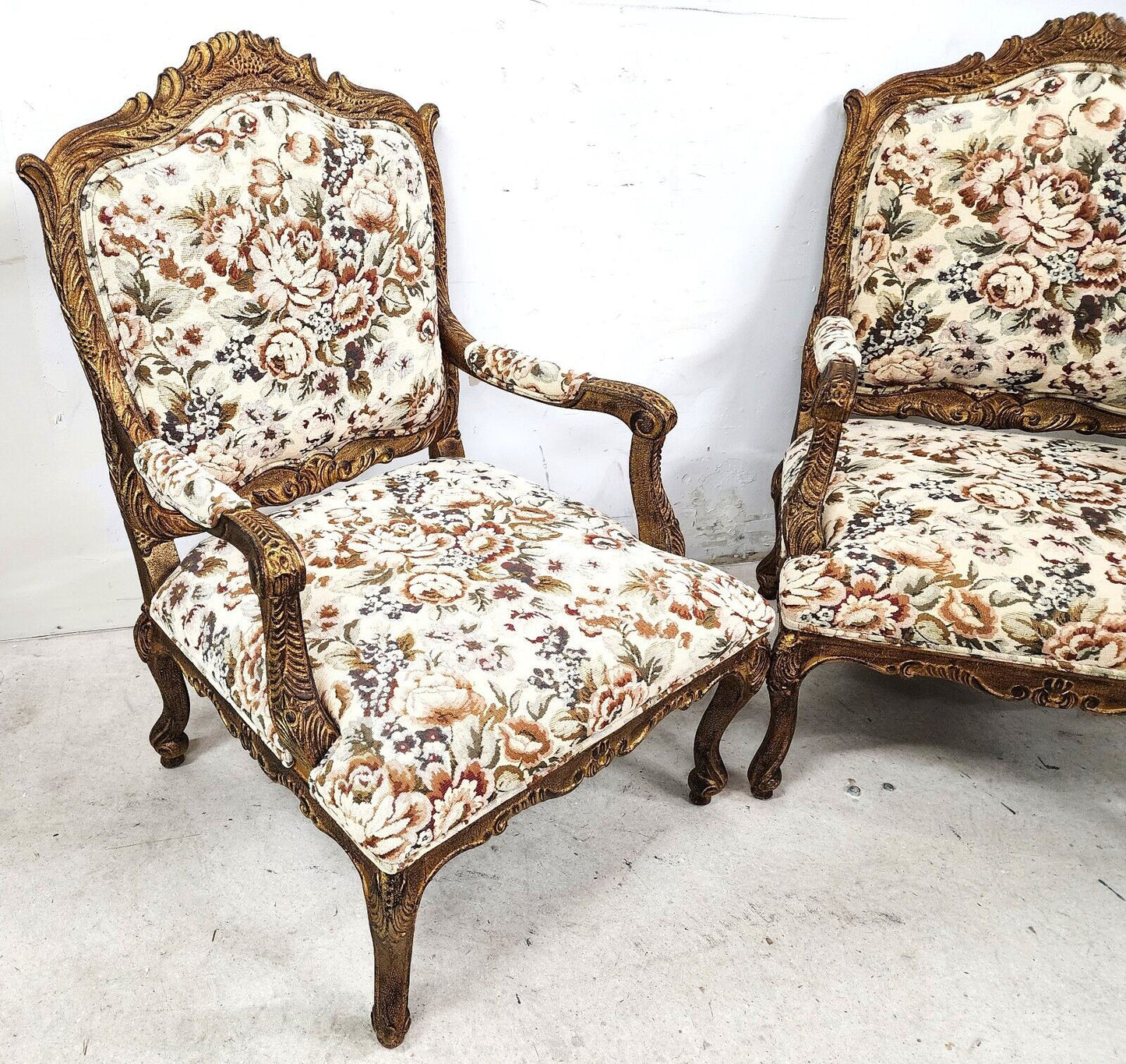 French Louis XV Rococo Giltwood Fauteuil Oversized Armchairs - a Pair